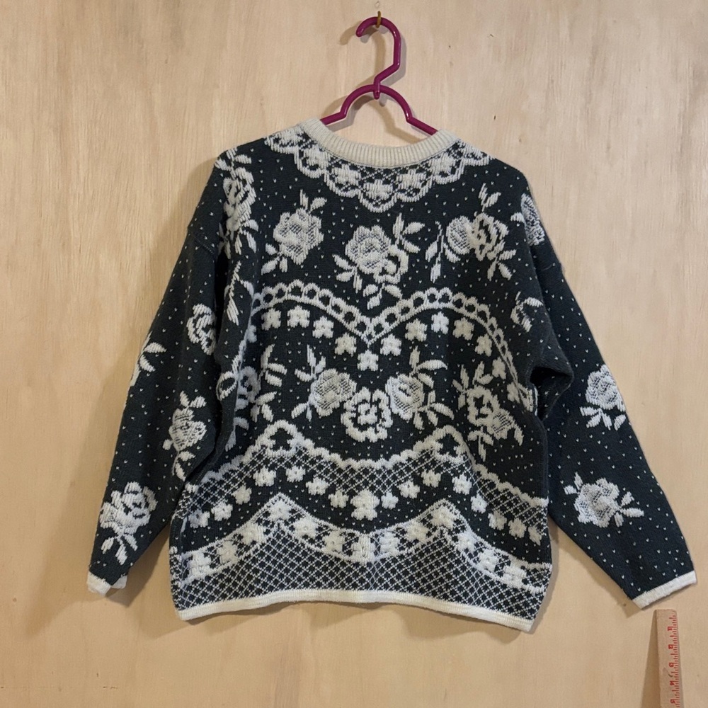 Kitty Hawk by Vivian Lang. Floral Patterned Grey and Off White Sweater.  large